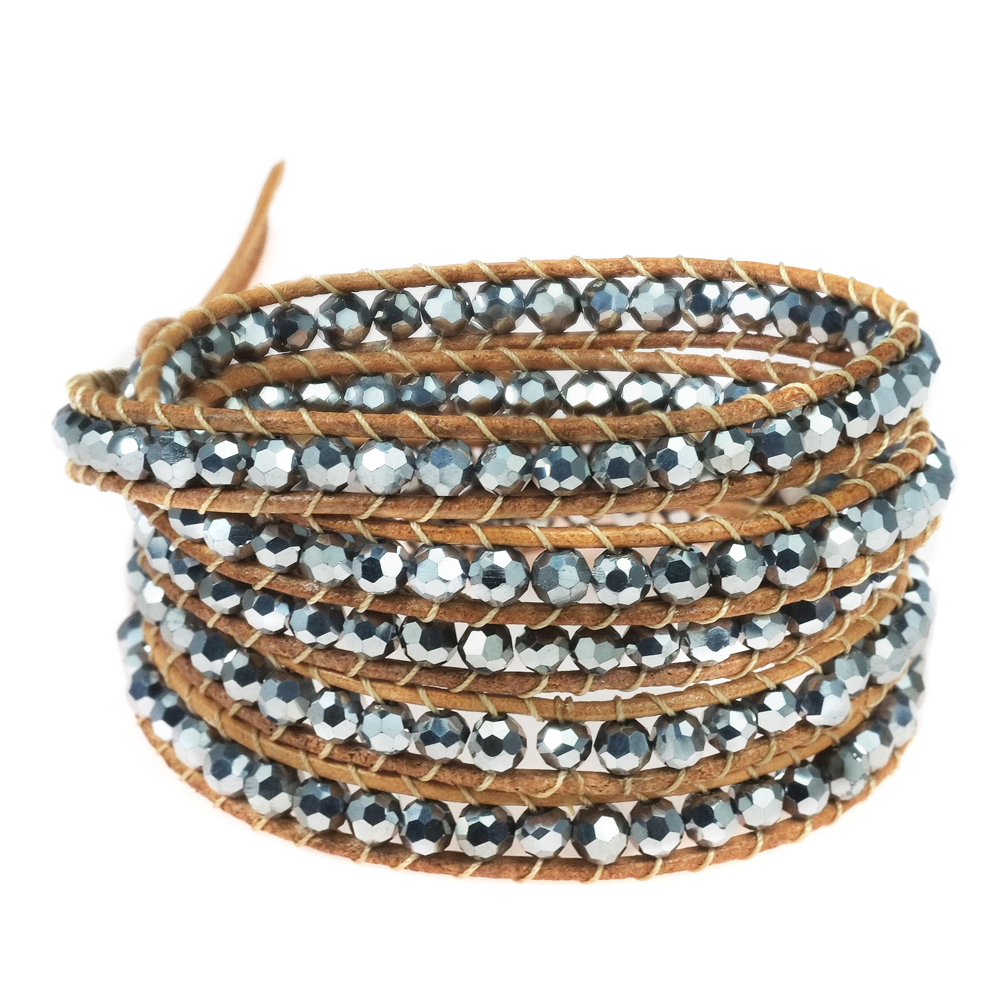 Trendy Gemstone and Crystal Nude Leather Five Wrap Bracelet