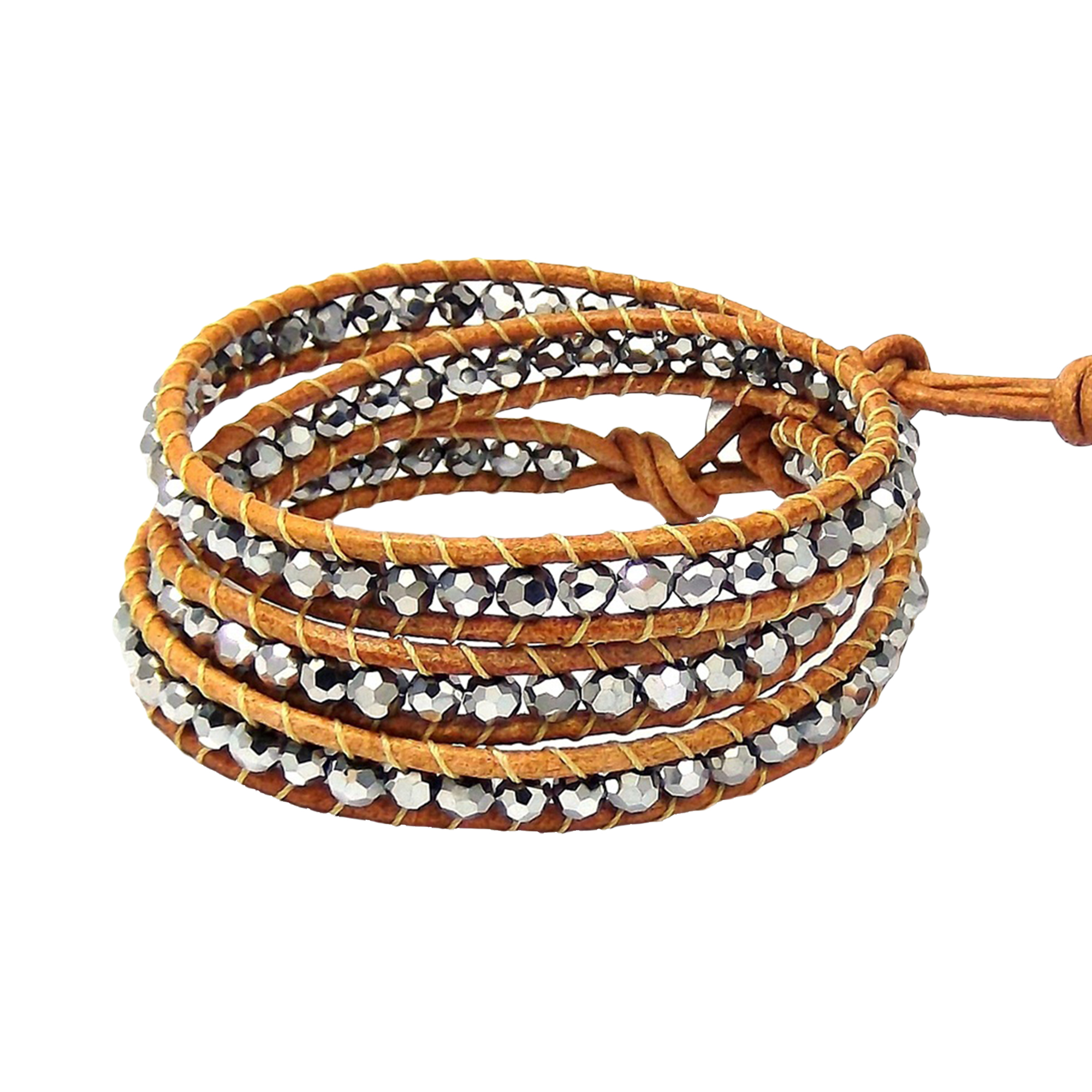 Natural Beauty Gemstones Crystal Triple Wrap Nude Leather Bracelet