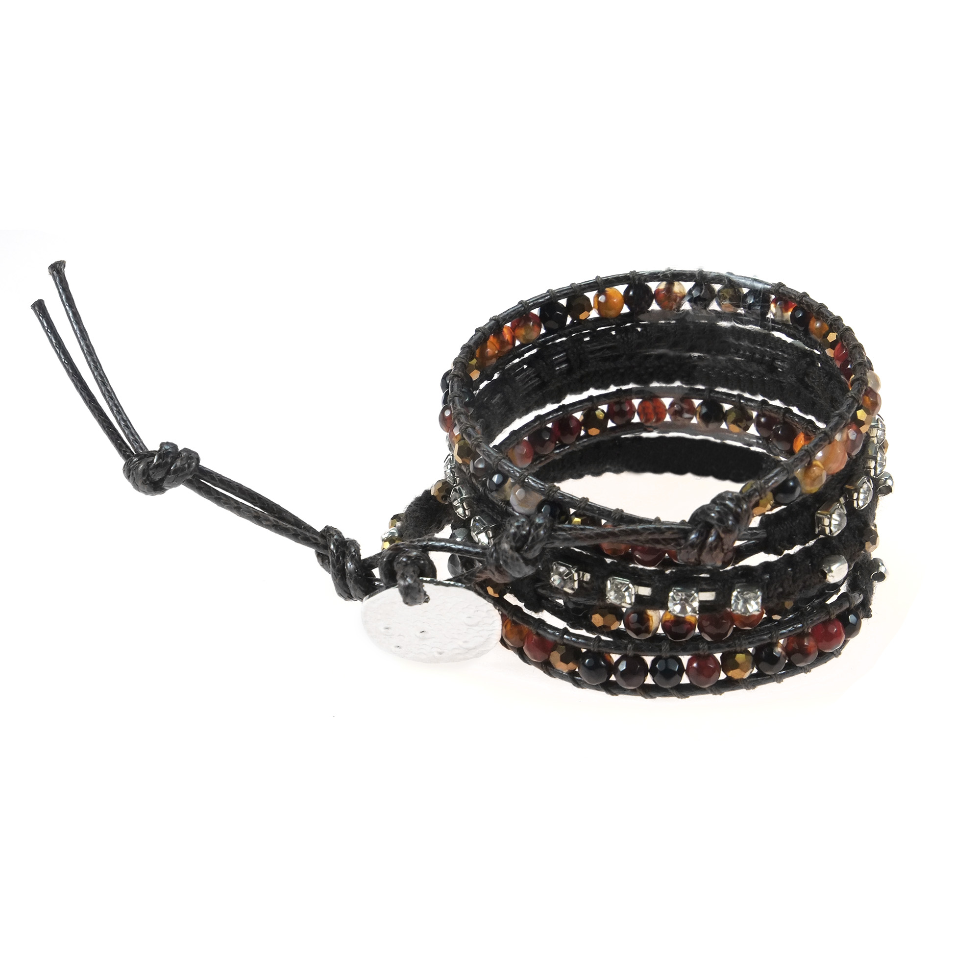 Silver-Brown 5 Crystal Leather Wrap Bracelet