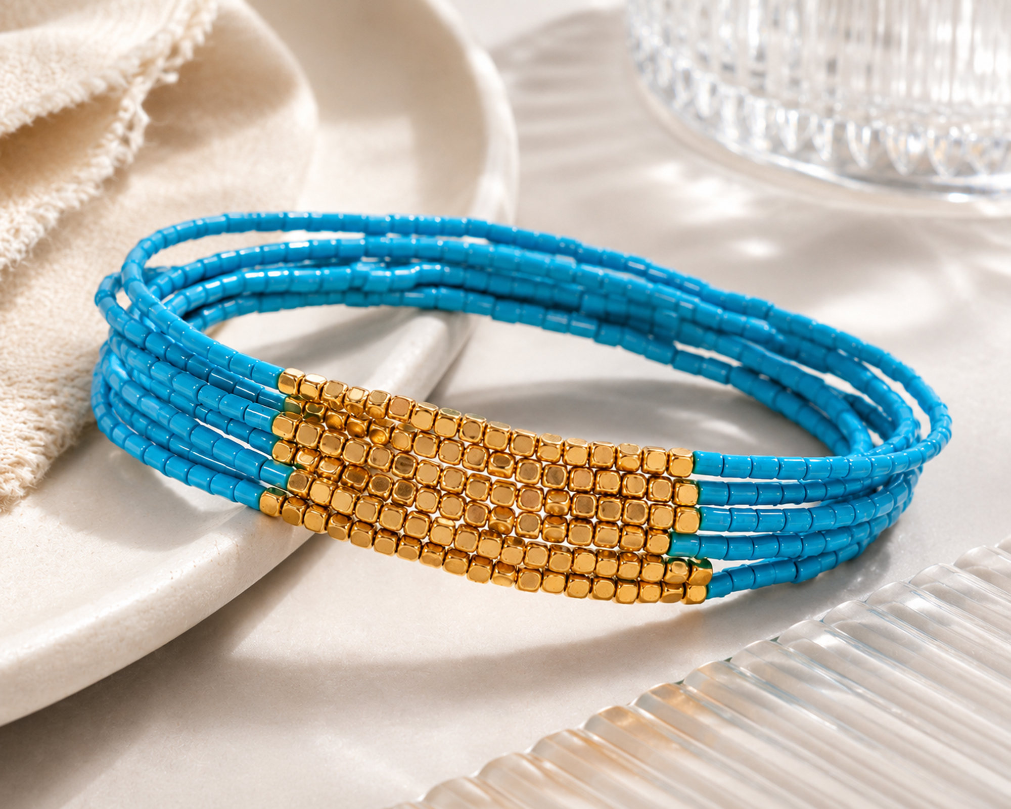 Blue Glass Seed Bead Elastic Bracelet Fourth View
