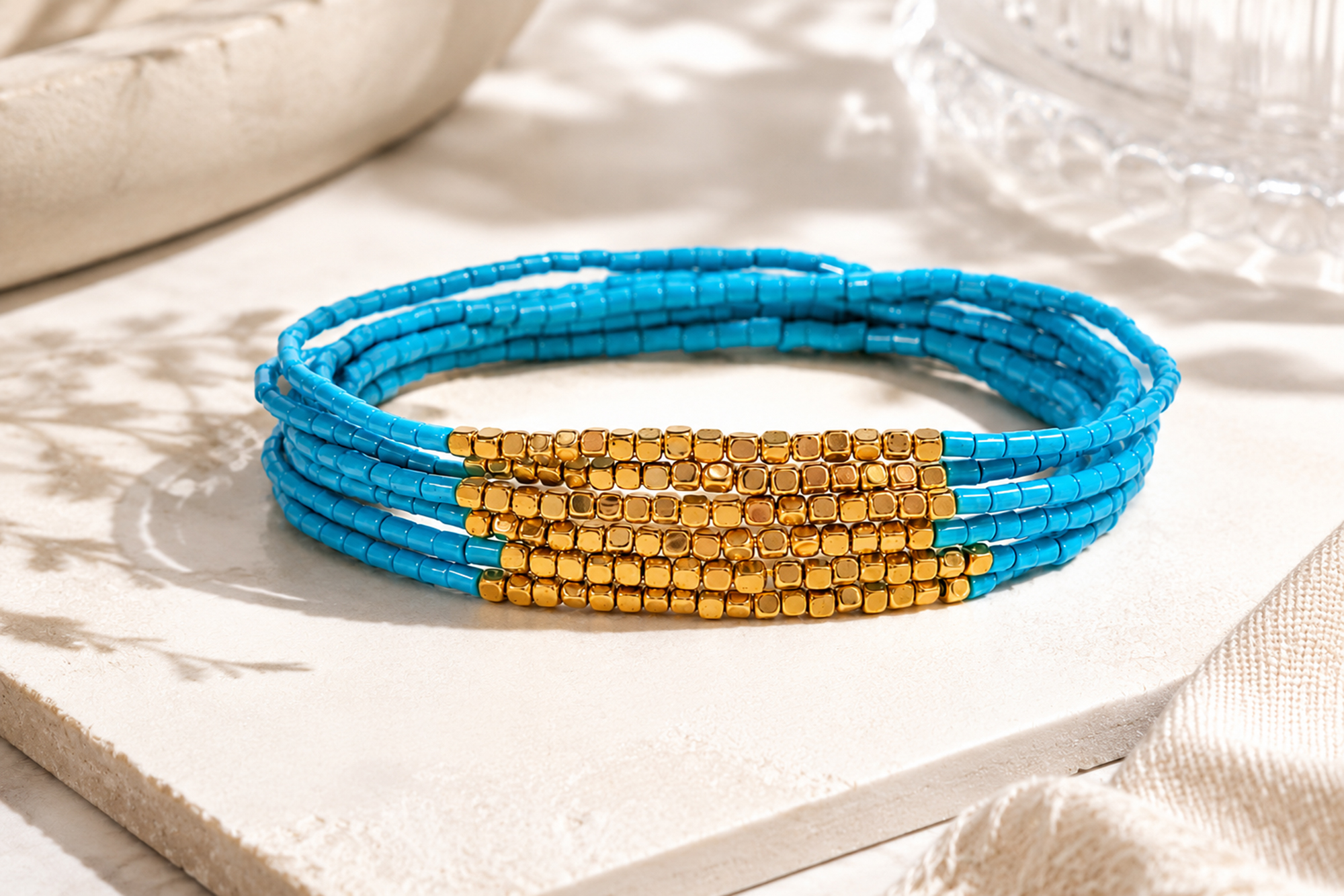 Bohemian Blue Glass Bead Stretch Bracelet Sixth View