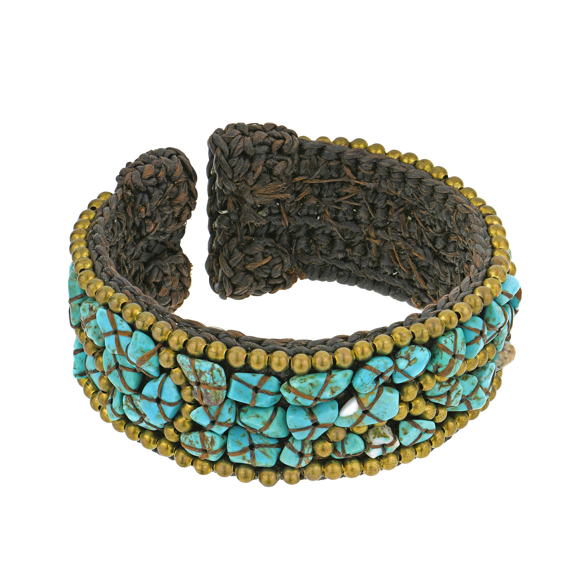 Vibrant Stone and Brass Mosaic on Cotton Rope Cuff Bracelet