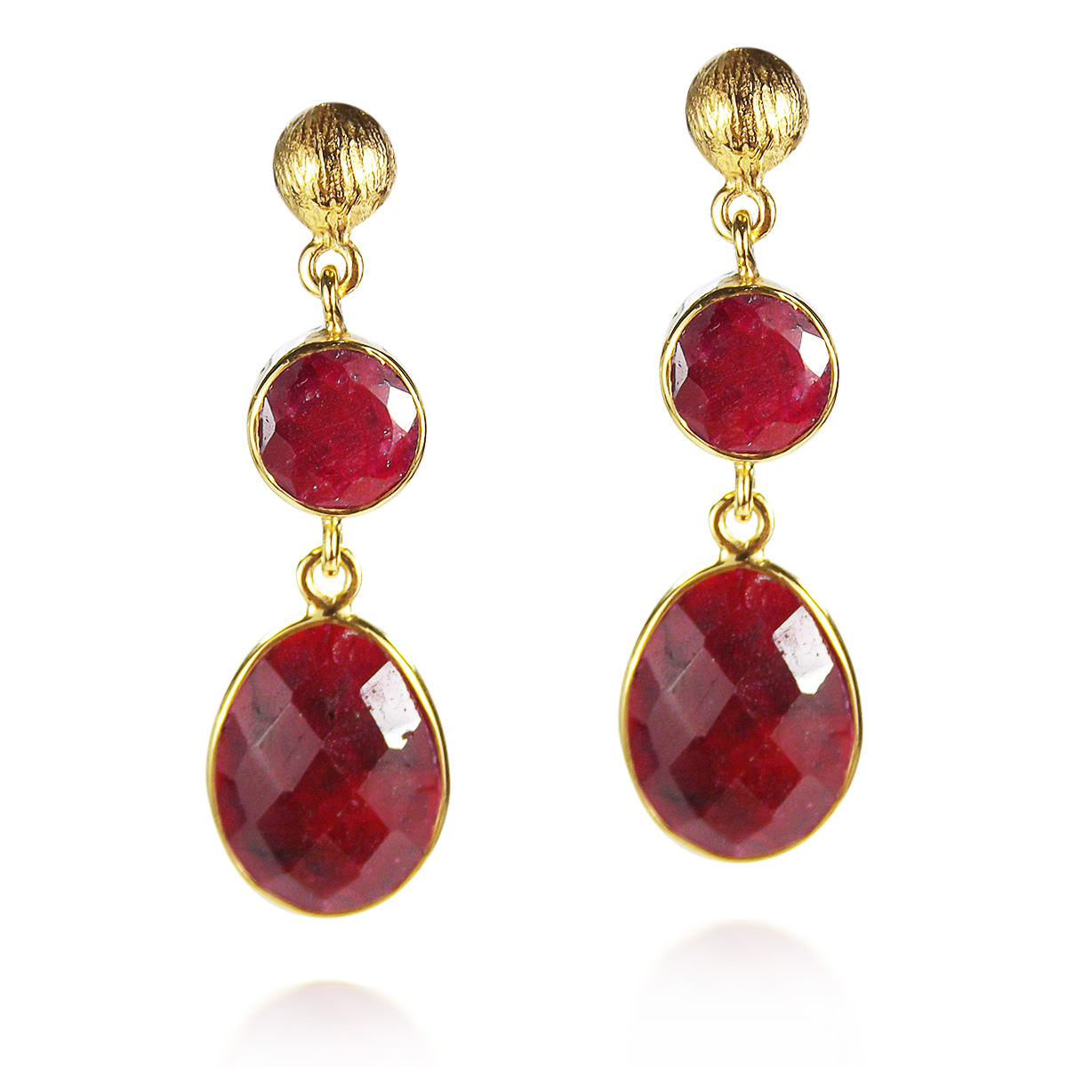 Natural Elegance Layer Faceted Red Ruby Gold over Silver Drop Earrings