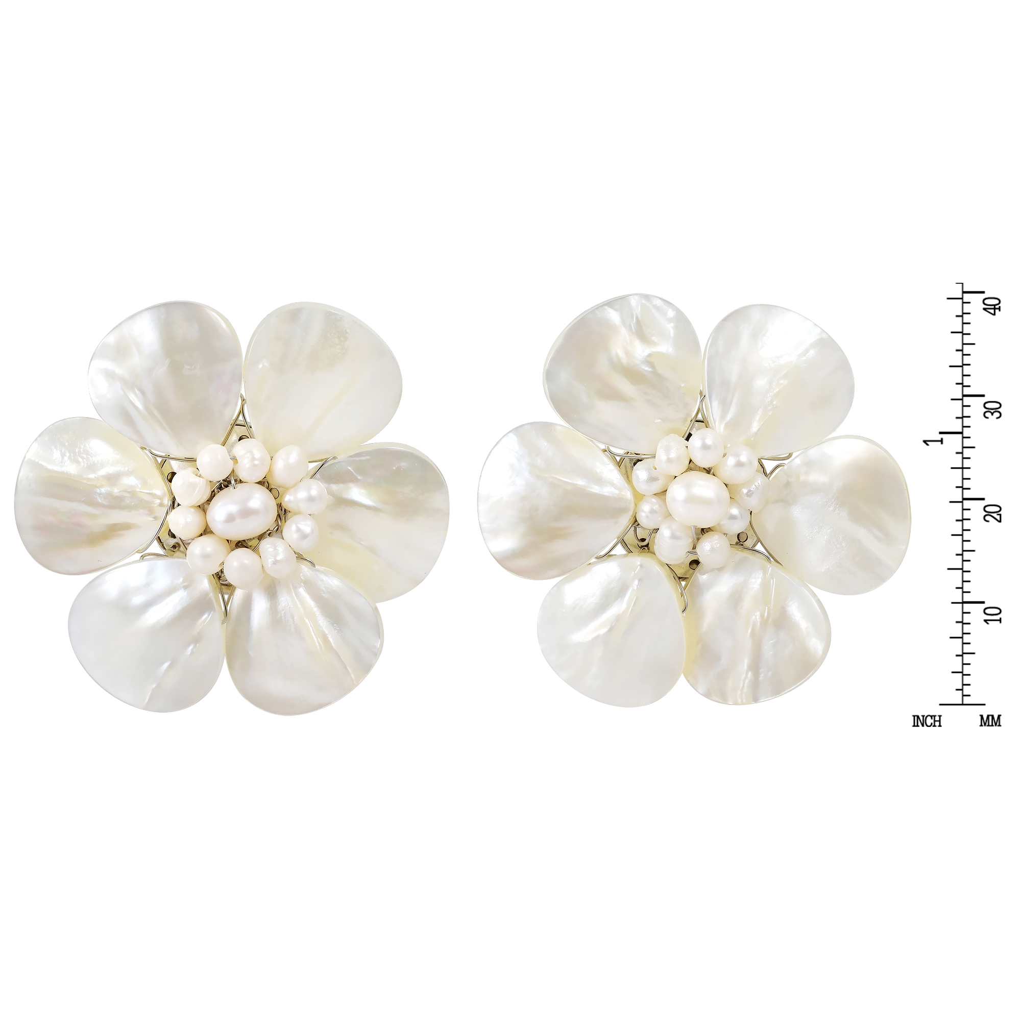 Pretty White Mother of Pearl Flower Clip On Earrings