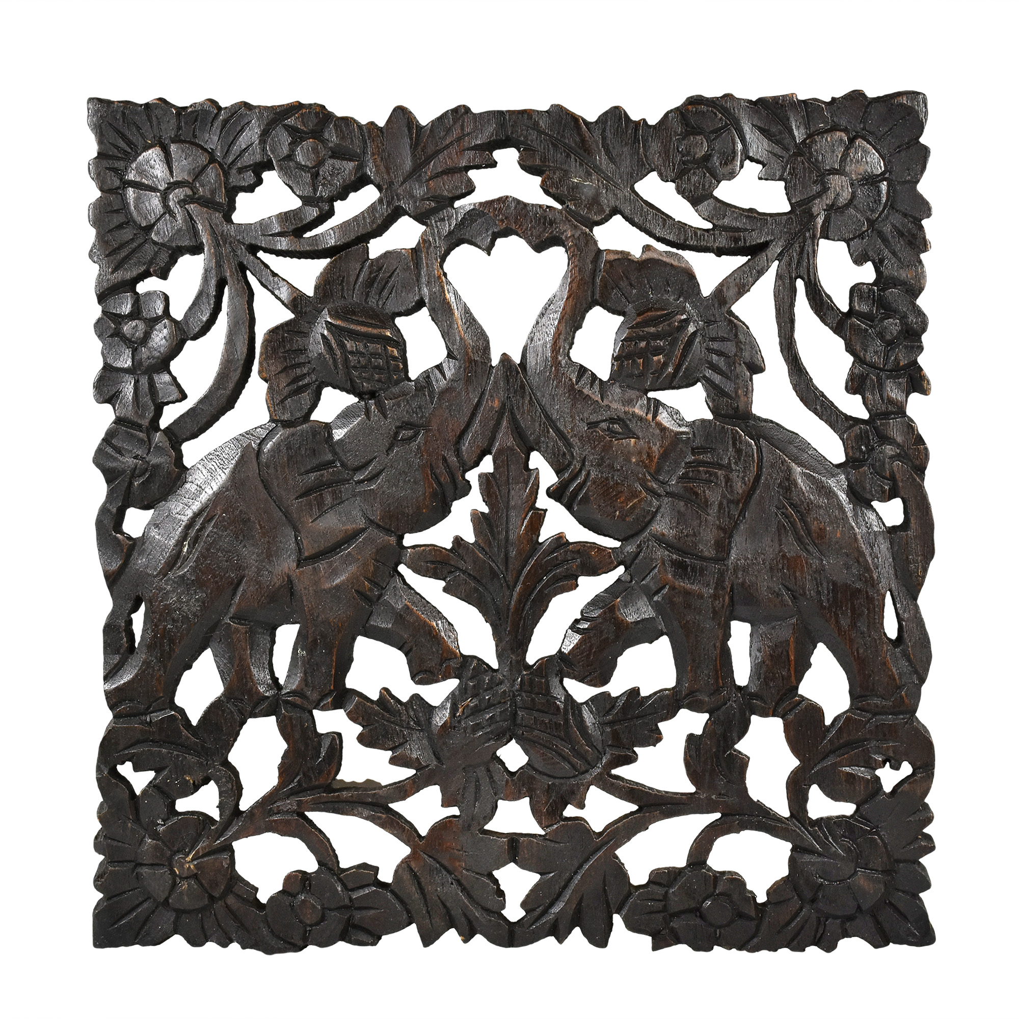 Thai Elephant Wildlife Hand Carved Teak Wood Wall Art