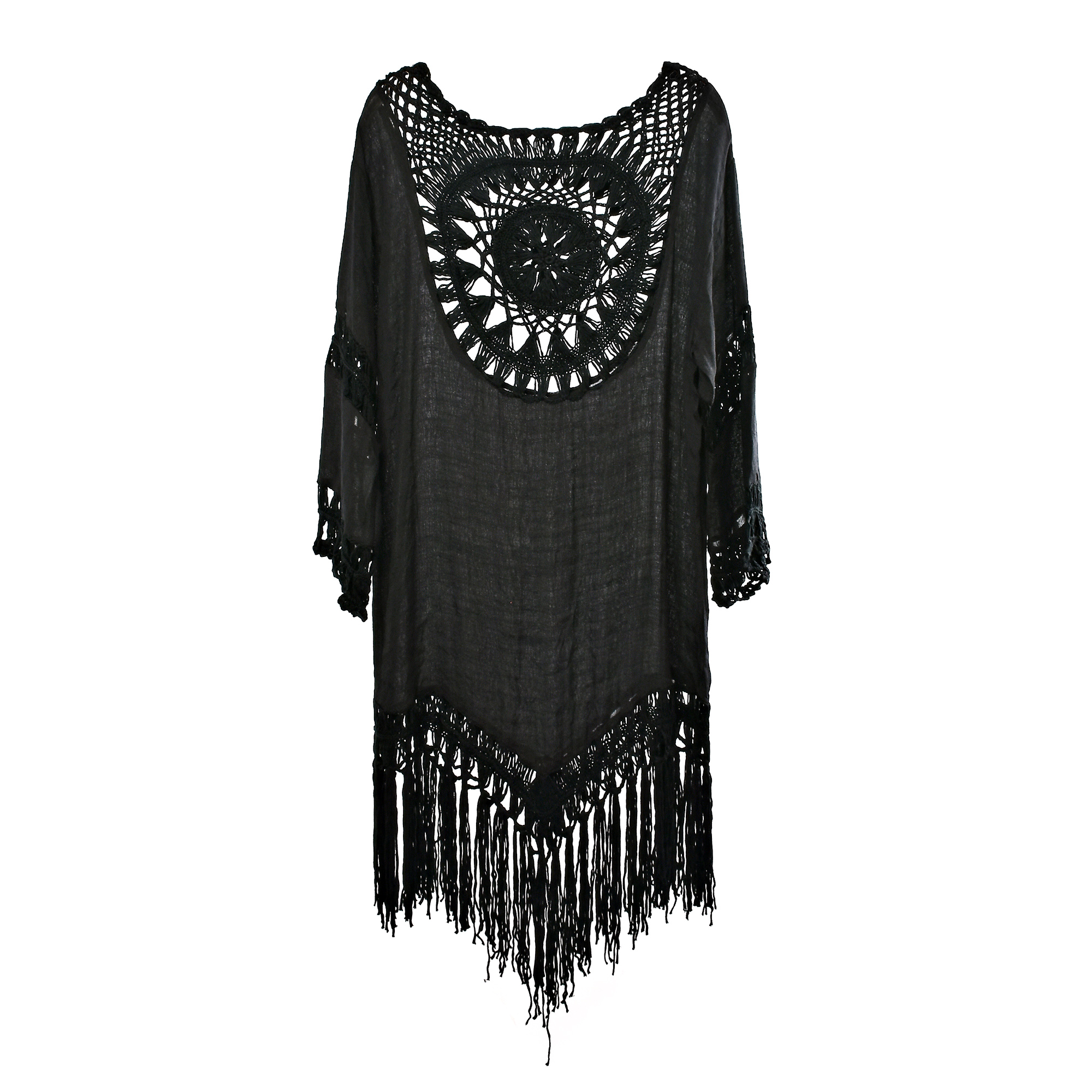 Stylish Black Sun Crochet & Fringe Beach Dress or Bikini Cover up