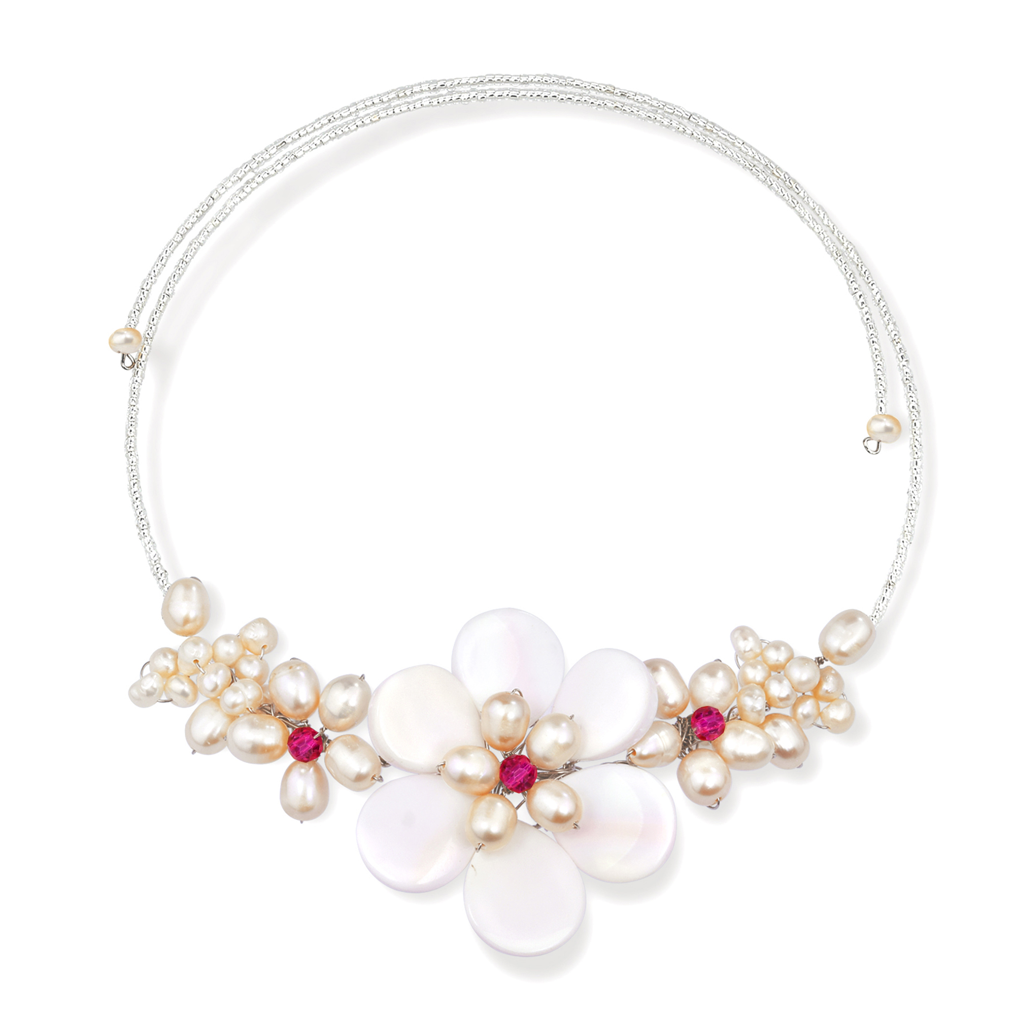 Gradual Flower Pink Pearl Cluster Choker Wrap Necklace