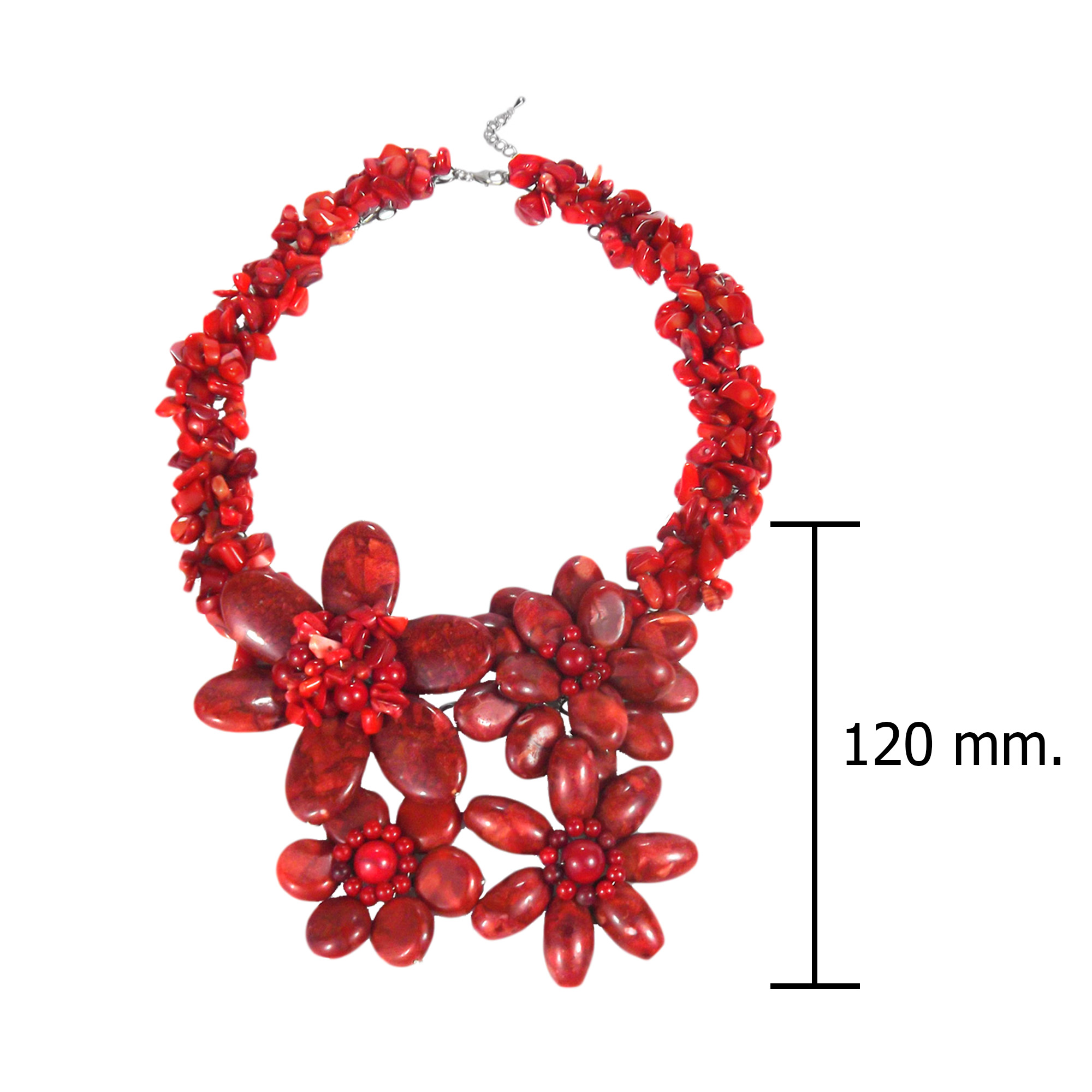 Bold Large Synthetic Coral Flower Garland 925 Silver Red Necklace