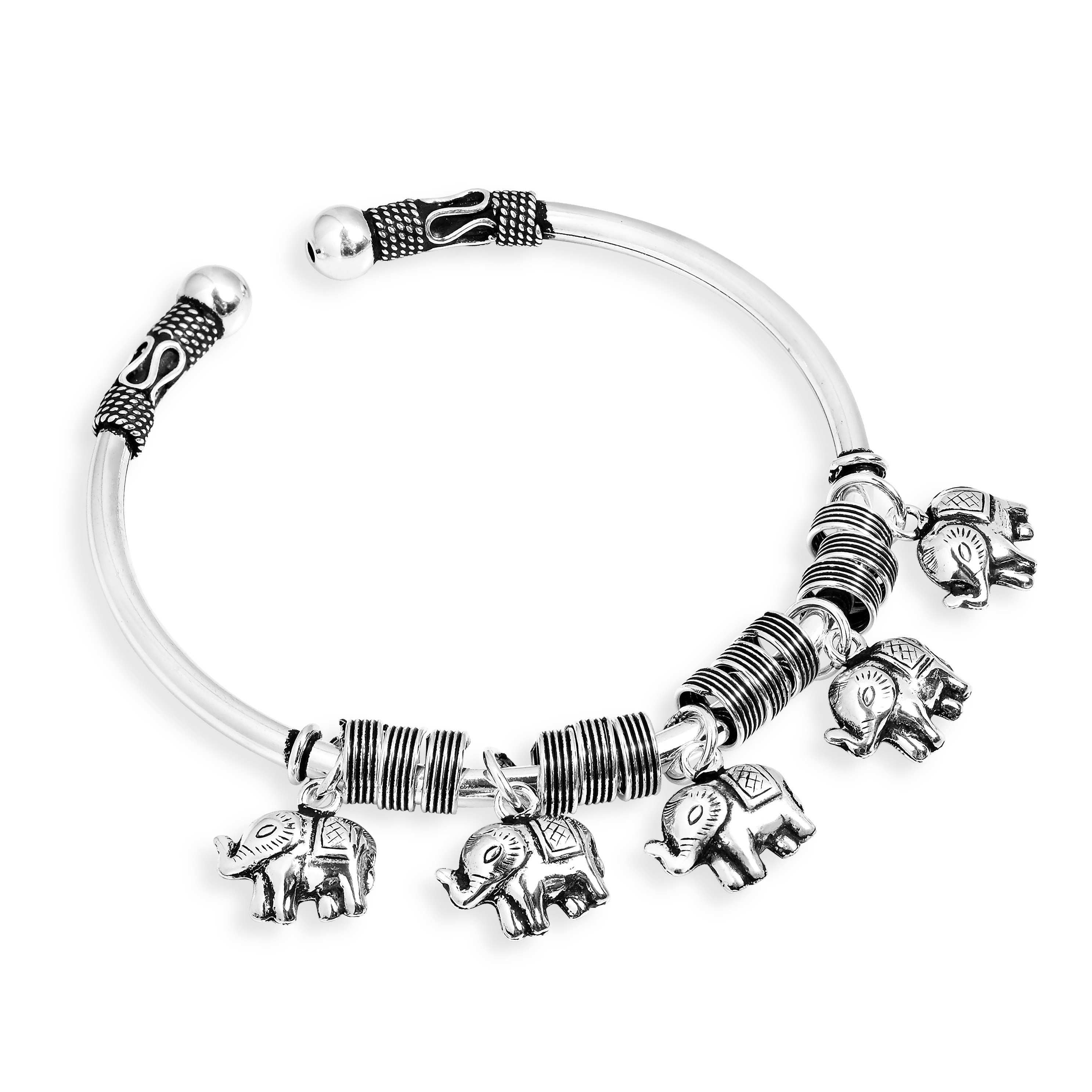 Balinese Five Dangle Elephant Sterling Silver Bracelet Cuff