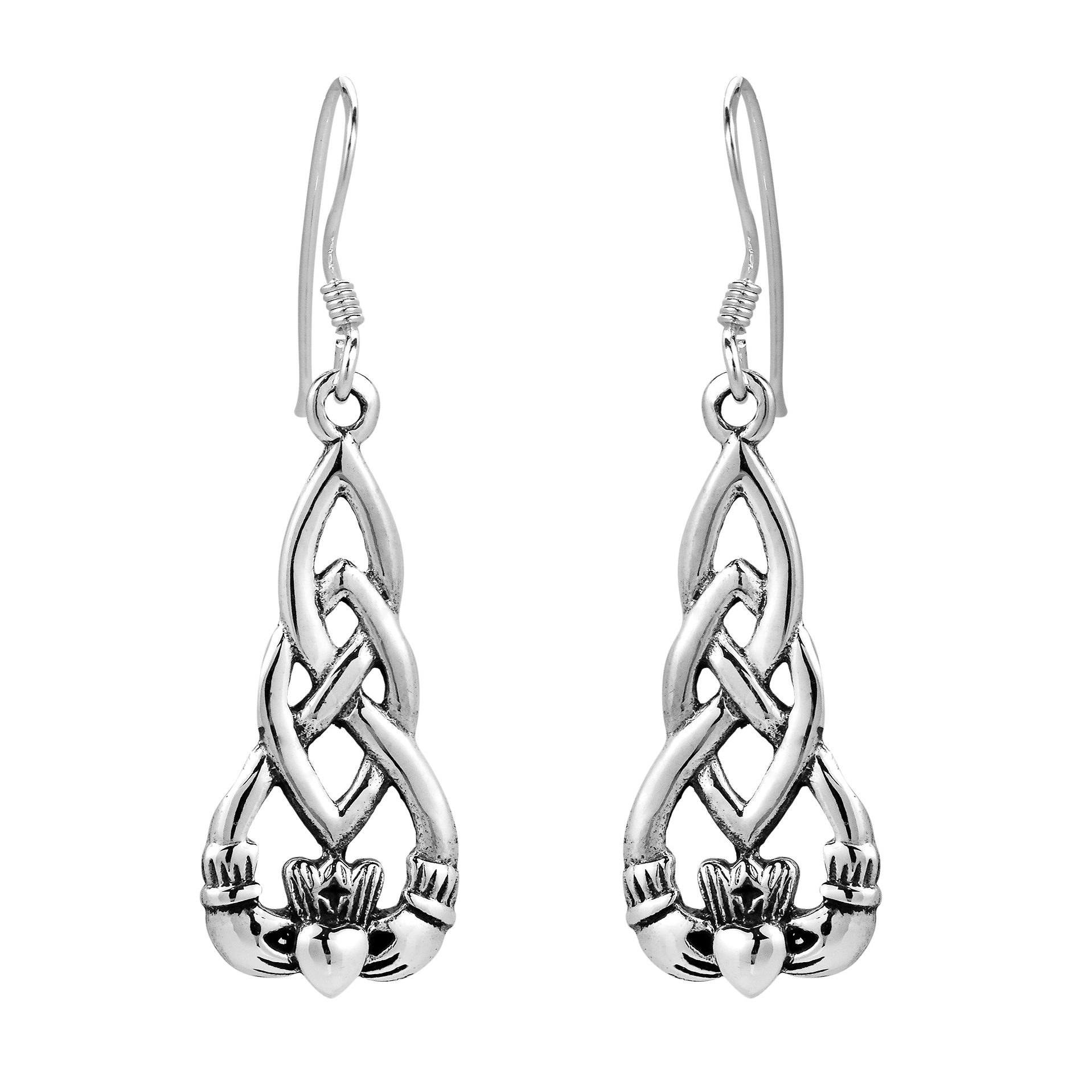 Irish Celtic Heart Claddagh .925 Sterling Silver Dangle Earrings