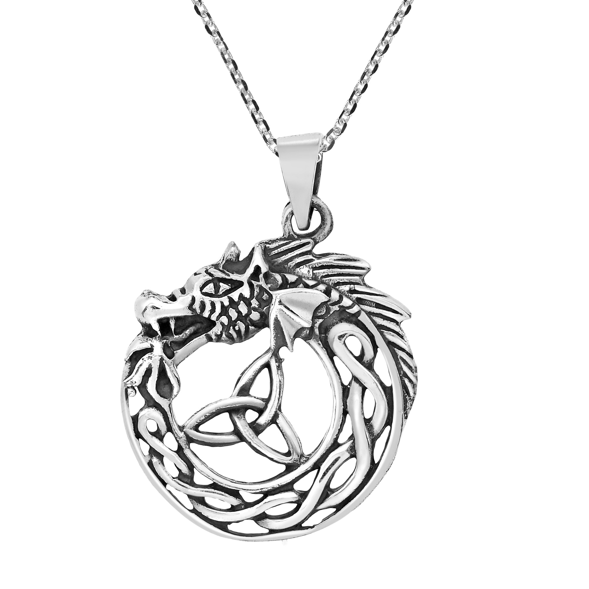 Mystic Ouroboros and Celtic Knot Sterling Silver Pendant Necklace