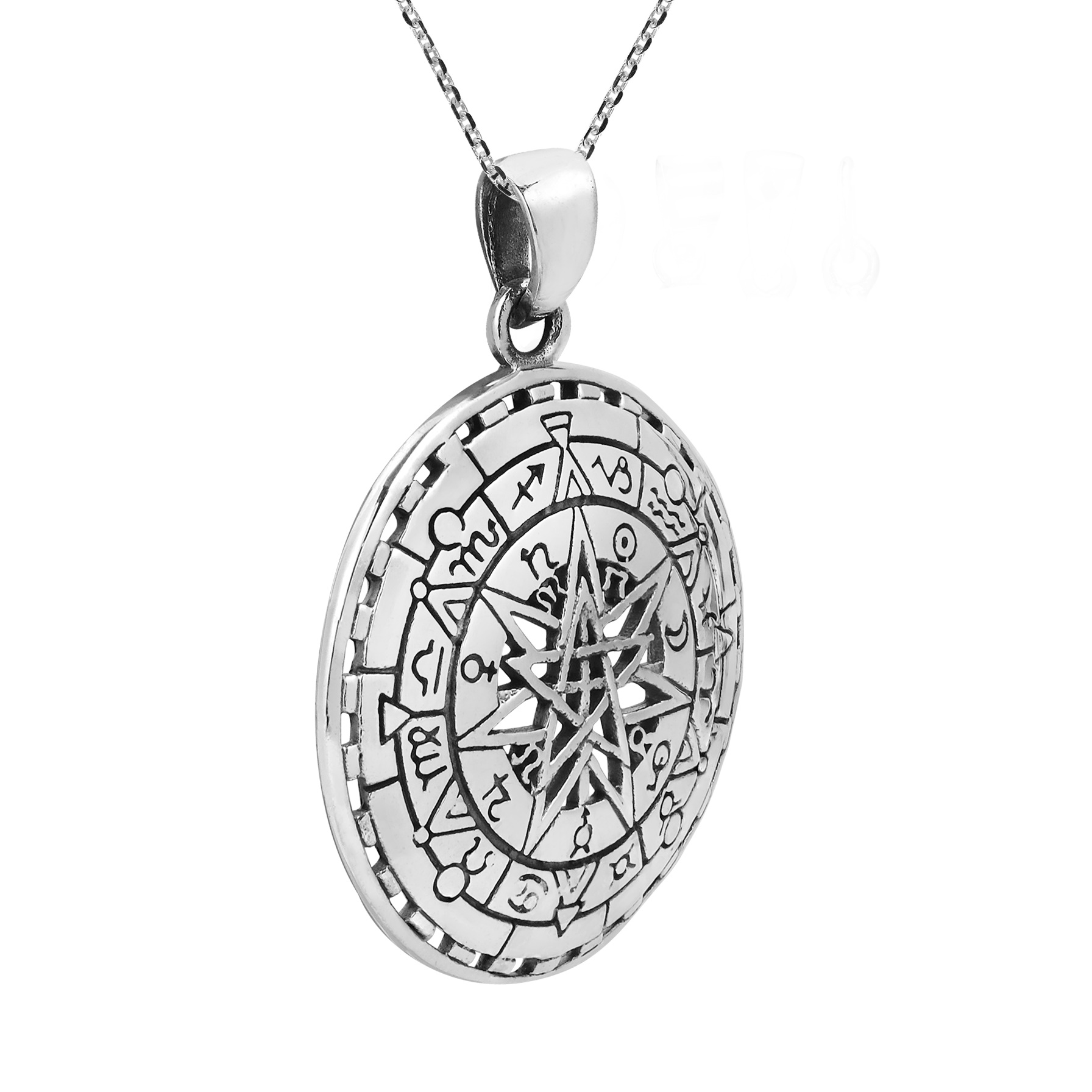 Mystical Zodiac Compass Calendar Sterling Silver Necklace