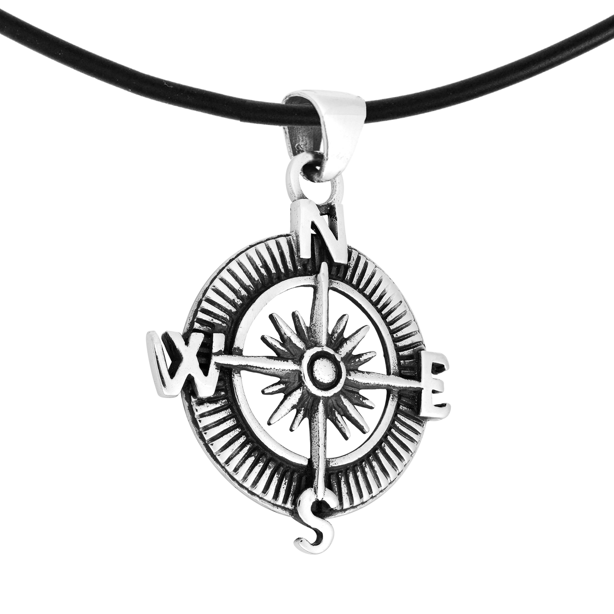 Trendy Sterling Silver Compass Pendant Necklace