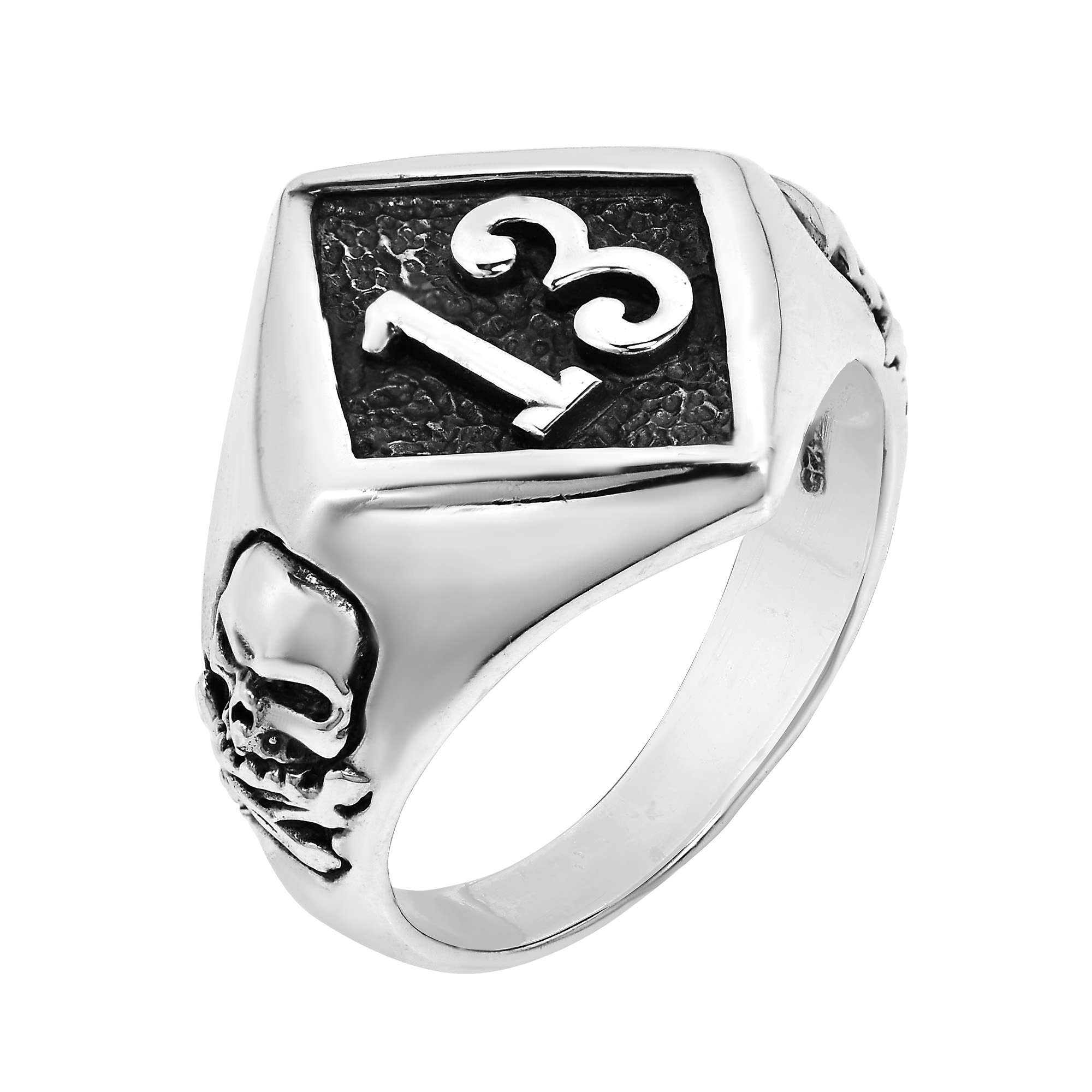 Gothic Lucky Number 13 Round Halloween Skull Sterling Silver Ring-13