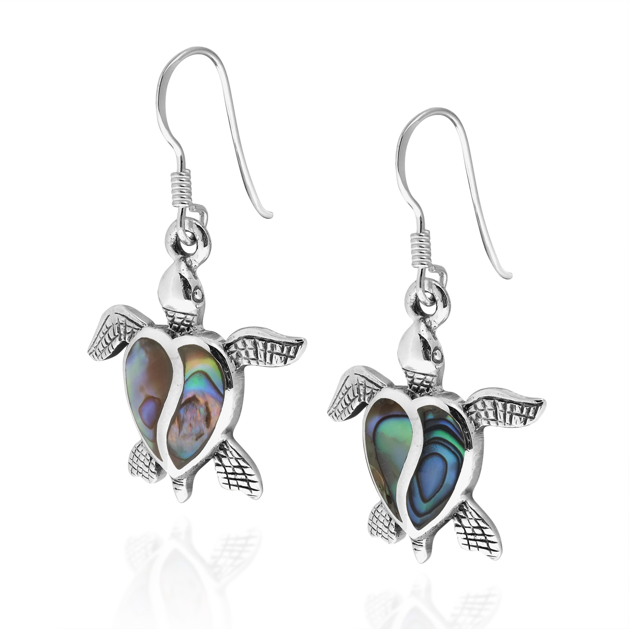 Love Life Sea Turtle Heart Abalone Shell Sterling Silver Dangle Earrings