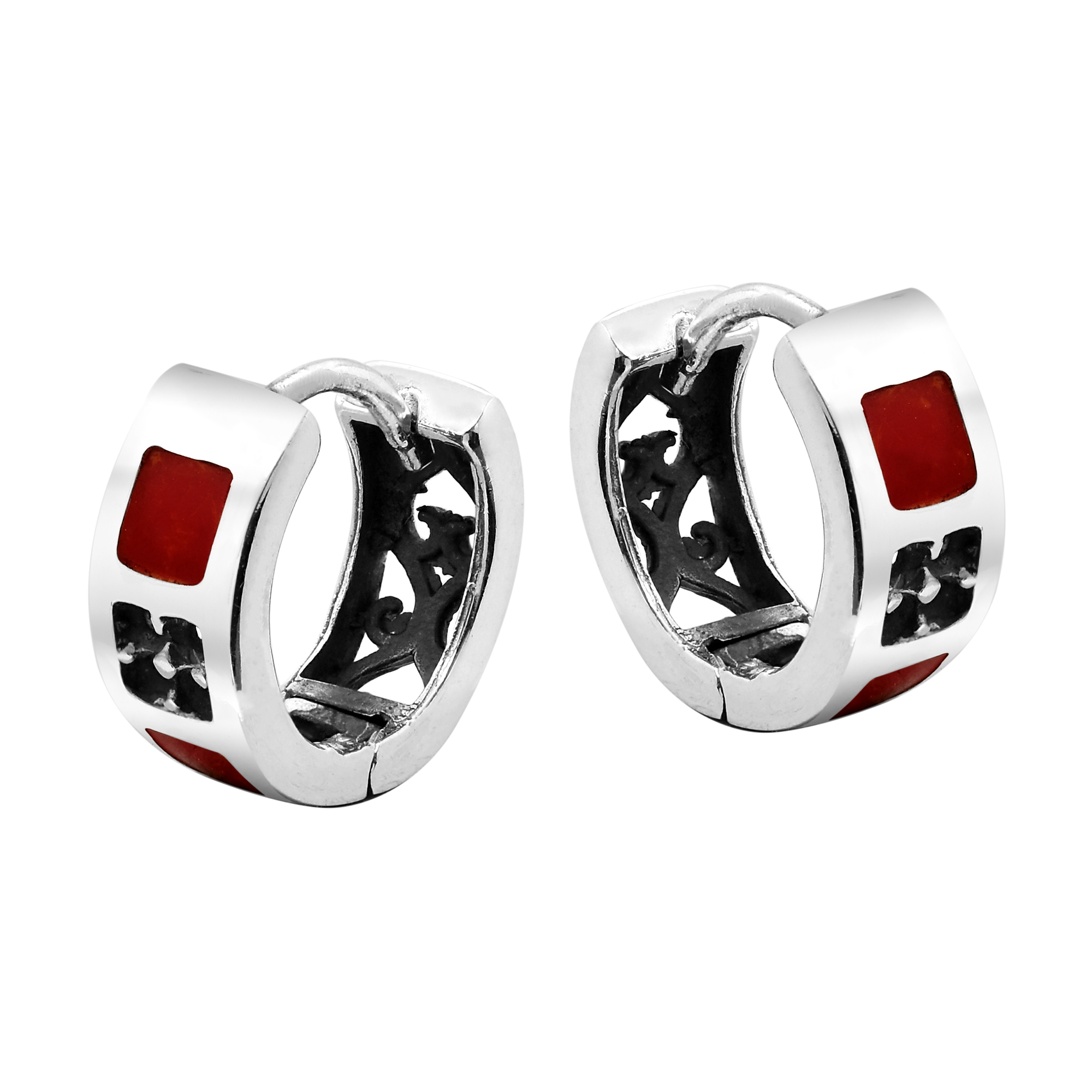 Long Created Red Coral Inlay White Gold Plated 925 Sterling Silver Threader Earrings