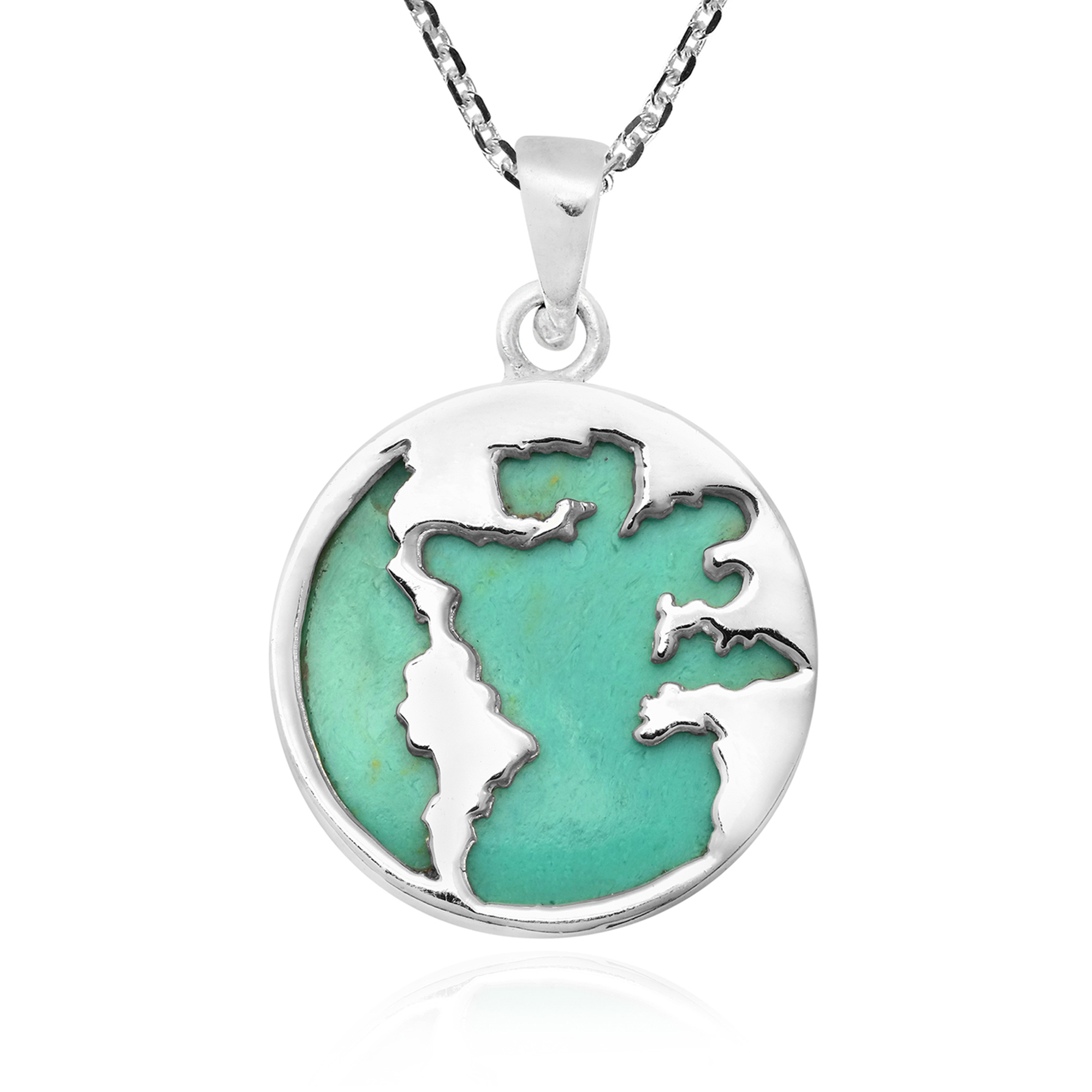 Traveler World Map Mother Earth Green Turquoise Sterling Silver Necklace
