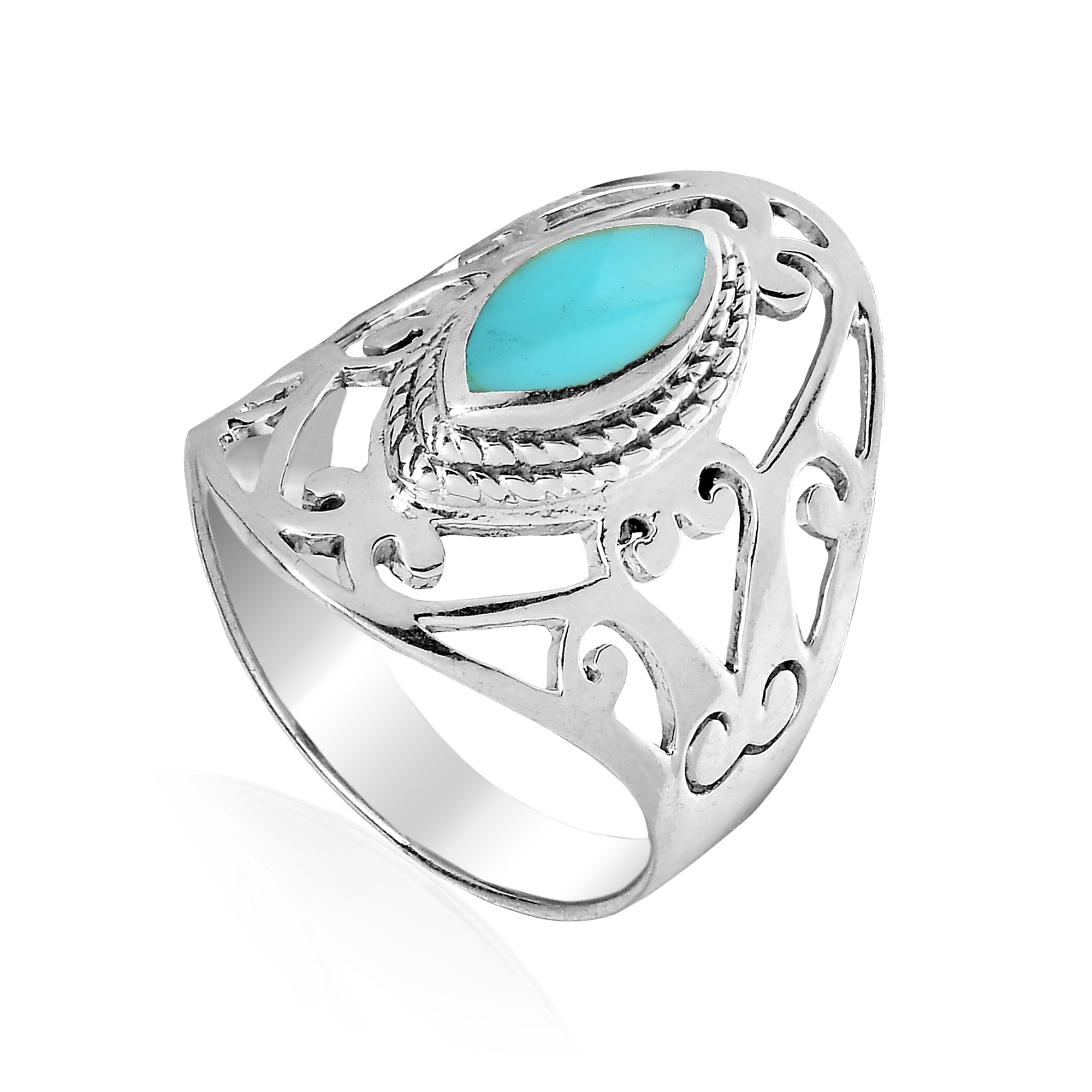 Unique Marquise Cut Stone Inlay w/ Filigree Sterling Silver Ring