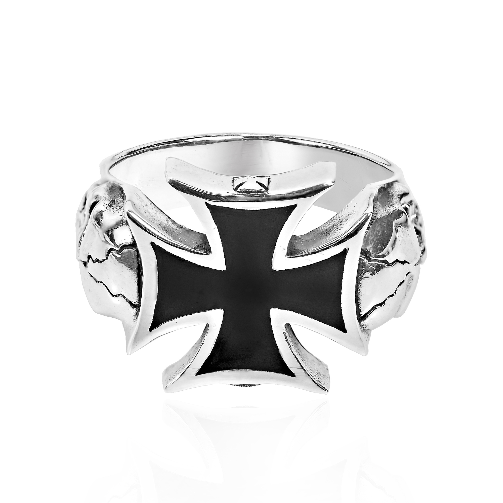 Black Iron Cross with Skull Sterling Silver Ring