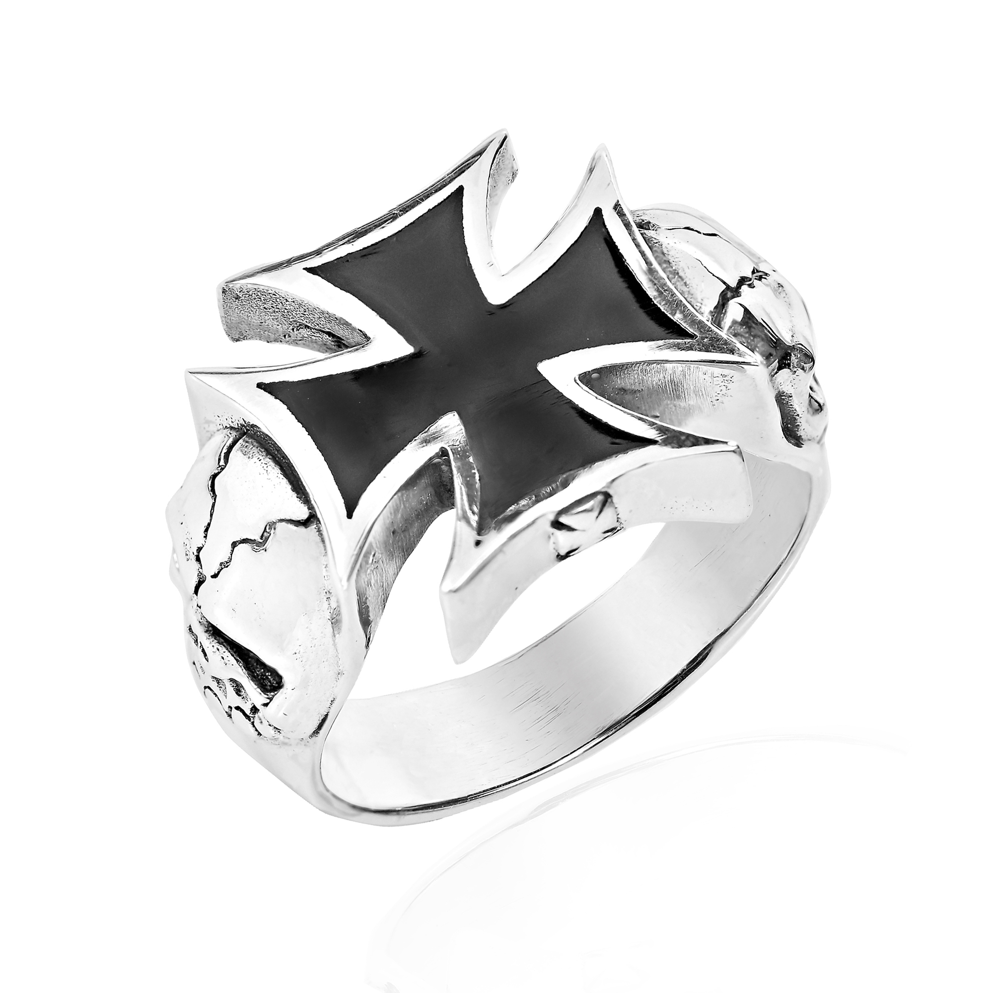 Black Iron Cross with Skull Sterling Silver Ring